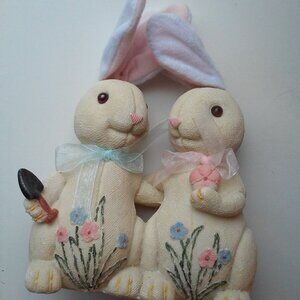 Hugging Bunny Rabbits Ceramic Adjustable Cloth Ears 7" High 5 1/4" Across 3: Wid
